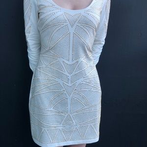 BEBE body con white dress with gold and silver
